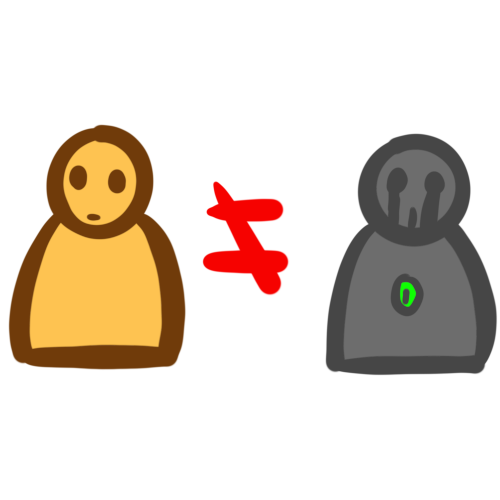 a person is on the left. In the middle is a red crossed out equal sign. On the right is a robot.